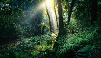 Dark rainforest, sun rays through the trees, rich jungle greenery. Atmospheric fantasy forest.