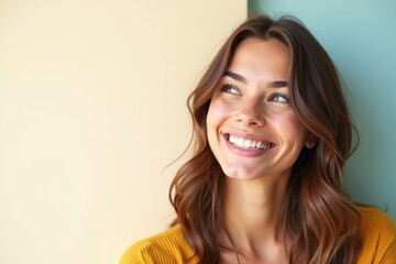 Naklejka premium Woman beams with happiness in colorful backdrop