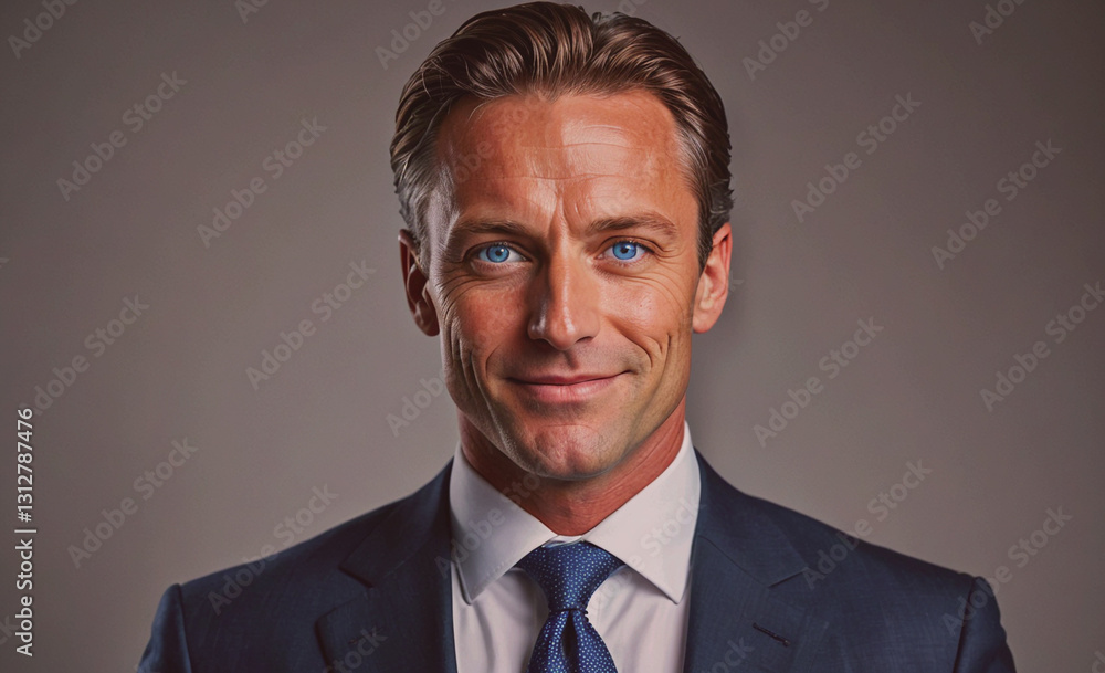 Poster man in a suit and tie with a blue tie and a blue shirt. he is smiling and looking at the camera