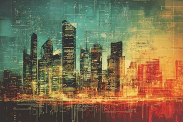 Tall illuminated city skyline with a retro digital overlay