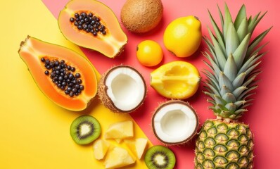 Tropical fruits on vibrant background