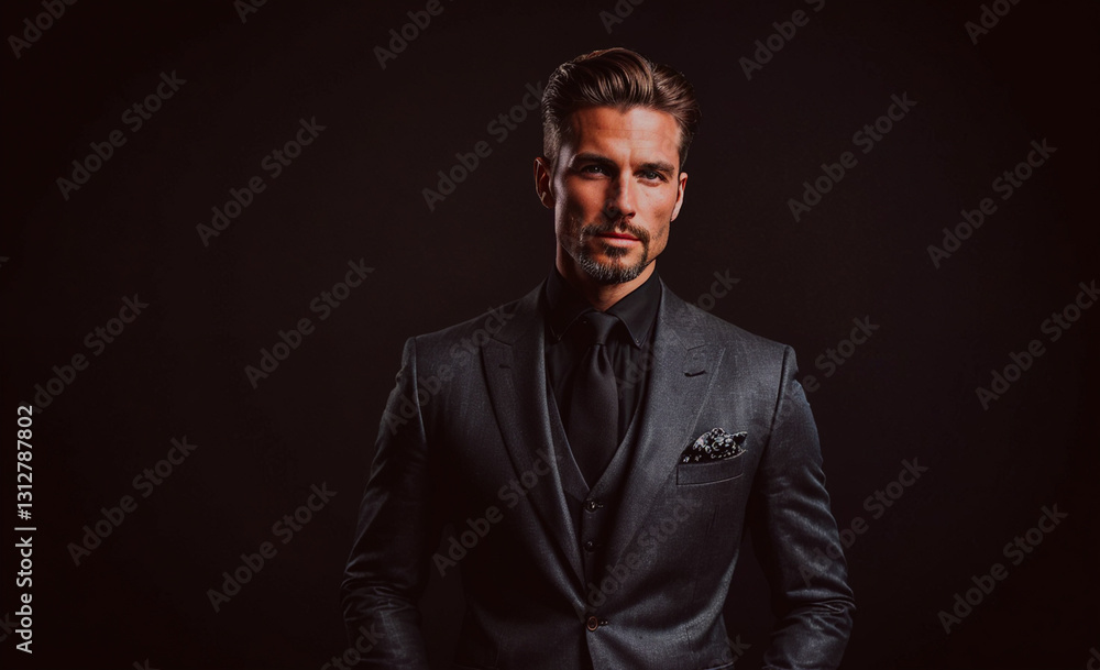 Poster man in a suit and tie is standing in front of a black background. he is wearing a black tie and a bl