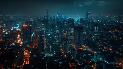 High-rise cityscape under stormy night sky view.