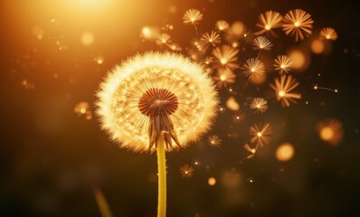 Golden dandelion seeds blowing away