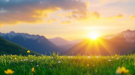 A beautiful sunset over the mountains with green grass and flowers