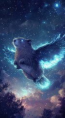Obraz premium A celestial beaver flies through the night sky with glowing wings
