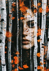 A double exposure of a woman's face among a tree - concept of the spirit of the forest. 
