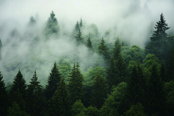 Mountain Forest in the Fog – Silence and Tranquility of Nature, Mountain Forest Wrapped in Fog – Mystical Nature, Green Mountain Forest Immersed in Thick Fo