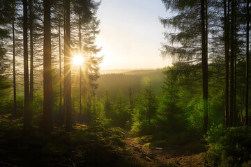 Obraz premium Mountain Forest at Sunrise – Mist and Sunlight, Scenic Forest Panorama at Dawn – Mist, Sun, and Fresh Air