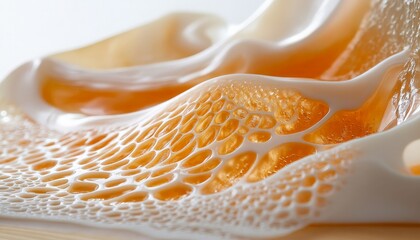 Abstract Close-Up of Fluid Textures with Warm Tones - Intricate Patterns and Organic Beauty in Amber and Cream Colors