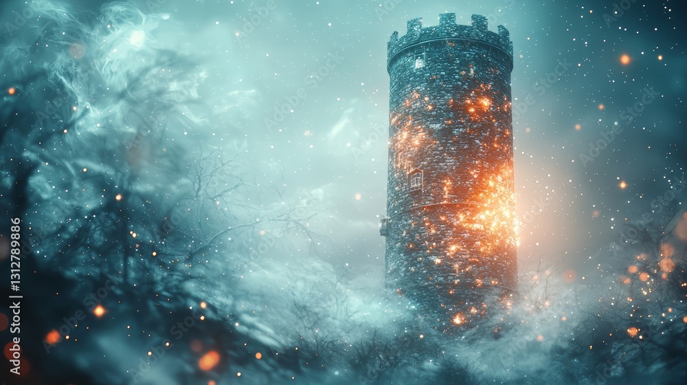 Poster tower is lit up with fire and surrounded by snow. the tower is tall and has a spire. the fire is ora