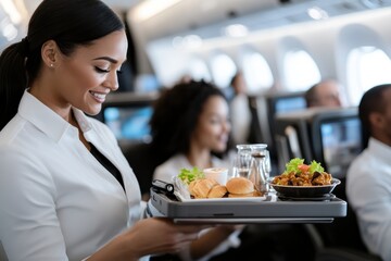 A smiling flight attendant serves delicious meals onboard, highlighting the quality of in-flight catering services and the importance of customer satisfaction during air travel.