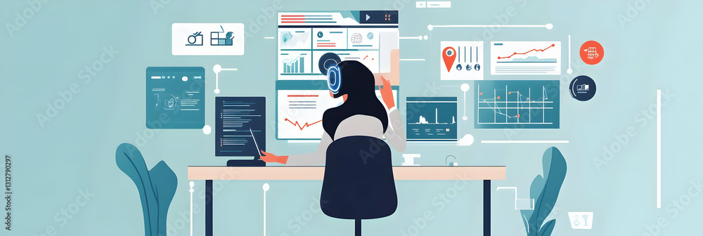 Poster a virtual ai assistant helping a business owner optimize operations -