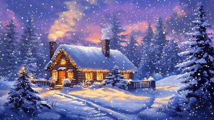 Fototapeta premium A cozy snow covered cabin glows warmly in a winter wonderland