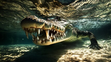 Underwater close-up of a crocodile's open jaws, showing sharp teeth.