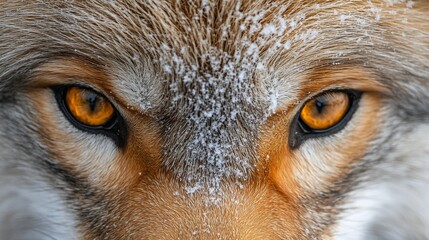 Close-up of a wolf's intense amber eyes, snow dusting its fur.