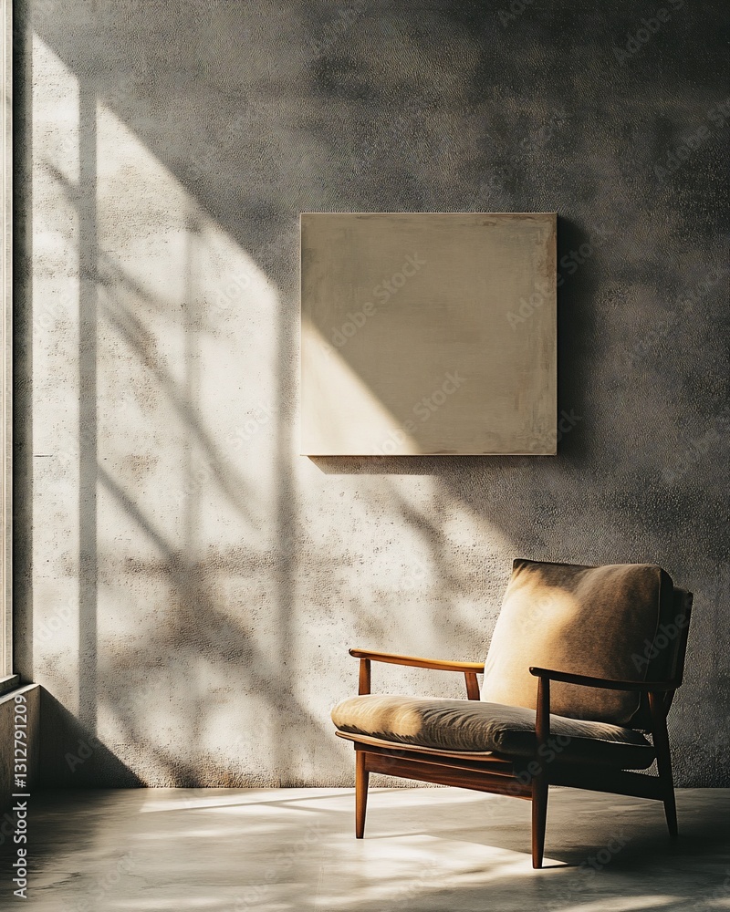 Poster sunlight streams through a window illuminating a tan armchair and blank canvas against a textured wa