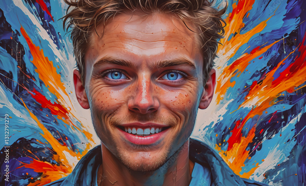 Poster man with blue eyes and a smile is the main focus of the image. the background is filled with bright 