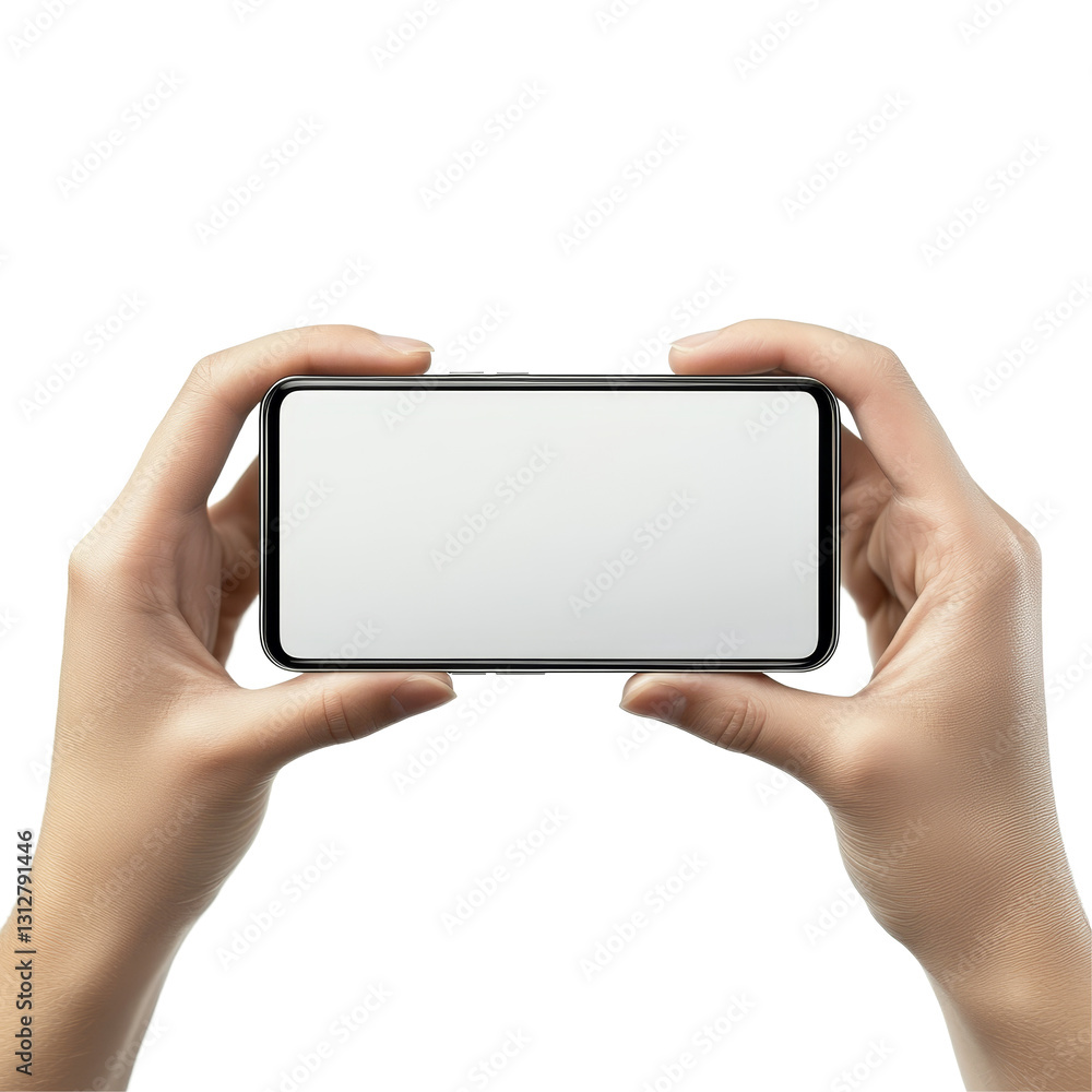 Poster horizontal smartphone mockup held by hands against a clean transparent background for display and de