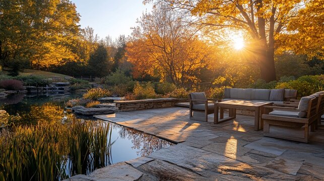 Serene autumn sunset over a tranquil pond and patio with comfortable seating.
