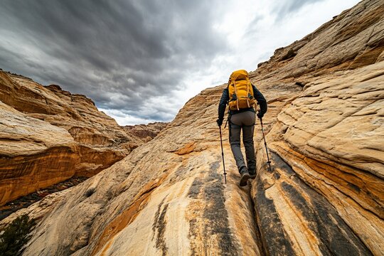 Hiker ascends steep, rocky canyon trail under dramatic sky.