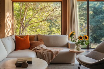 Modern living room with large window, sectional sofa, sunflowers, and autumnal forest view.