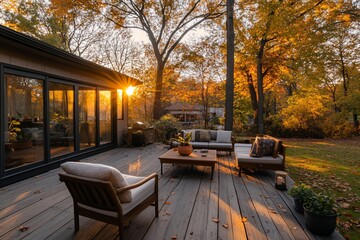Sunset illuminates autumnal backyard deck with patio furniture.