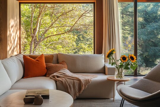 Fototapeta Modern living room with large window, sectional sofa, sunflowers, and autumnal forest view.