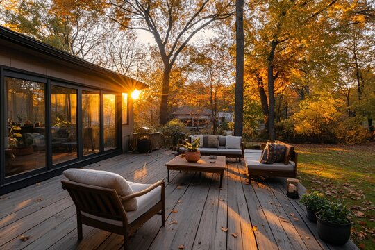 Sunset illuminates autumnal backyard deck with patio furniture.