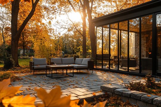 Autumnal patio furniture set on a stone patio with glass walls and fall foliage.