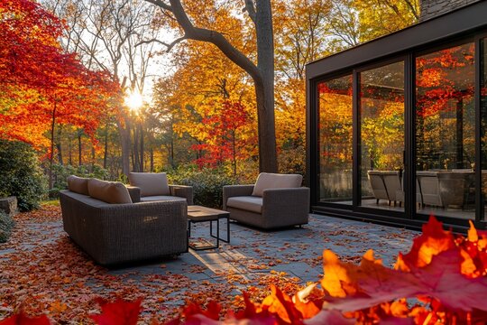 Autumnal backyard patio scene with modern furniture and fall foliage. - Powered by Adobe