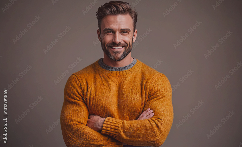 Poster man in a yellow sweater is smiling and looking at the camera. he is wearing a shirt with a gray coll