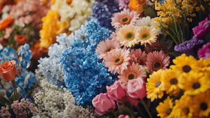 Fototapeta premium Rainbow floral arrangement, close-up view, vibrant colors