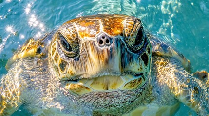 Obraz premium Close-up of a sea turtle's head surfacing in clear turquoise water.