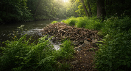 Fototapeta premium A Photograph Of A Serene Riverbank With A Detailed Beaver Dam Surrounded By Lush Greenery
