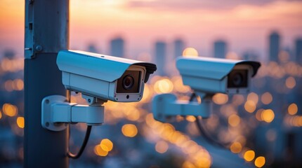 Security Surveillance Cameras Overlooking Cityscape at Dusk – Urban Safety and Monitoring Concept