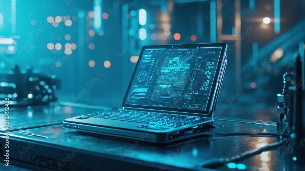 Aufkleber futuristic laptop displaying holographic data on a metallic surface in a high-tech environment.