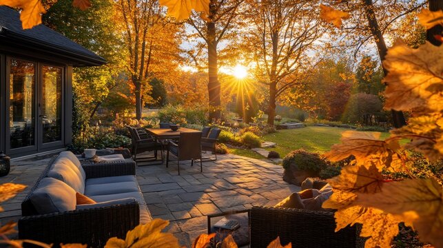 Autumnal sunset over patio with fall foliage.