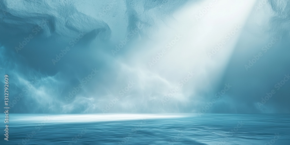Poster sunbeams illuminate an icy cave, creating a magical winter wonderland with soft light and a tranquil