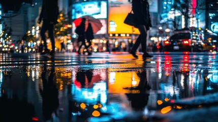 Obraz premium Rainy night city street reflections.