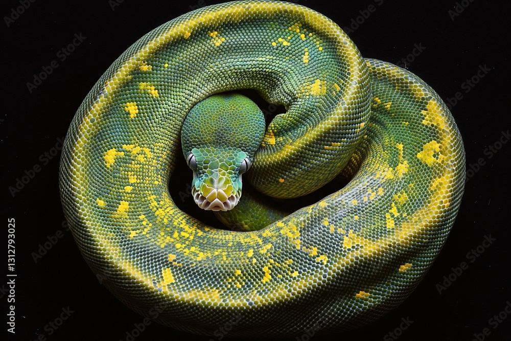 Poster green tree python coiled on black background.