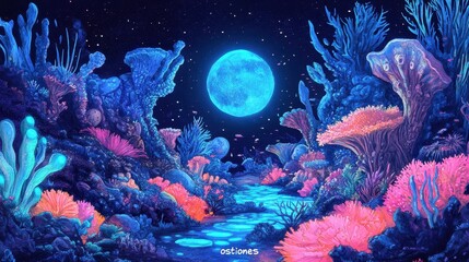 Vibrant colorful underwater scene illuminated by a large moon at night
