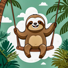 Sloth Swinging on a Swing – Doodle-Style Illustration - a sloth lazily swinging on a wooden swing, enjoying the breeze in a tropical jungle. 