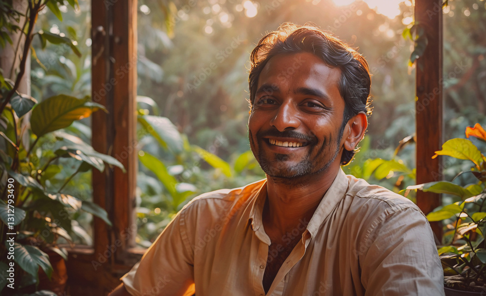 Poster Man with a big smile is sitting in front of a window with plants. He is wearing a tan shirt and he is enjoying the view