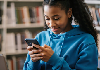Focused student using mobile phone in library, accessing online educational resources for research and learning