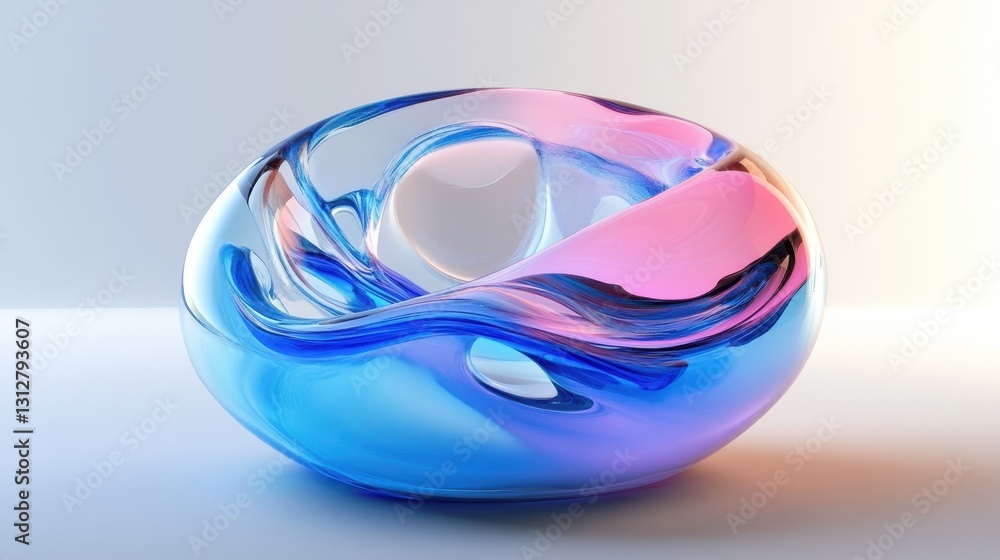 Aufkleber an abstract glass shape featuring a colorful refraction effect, rendered in 3d.