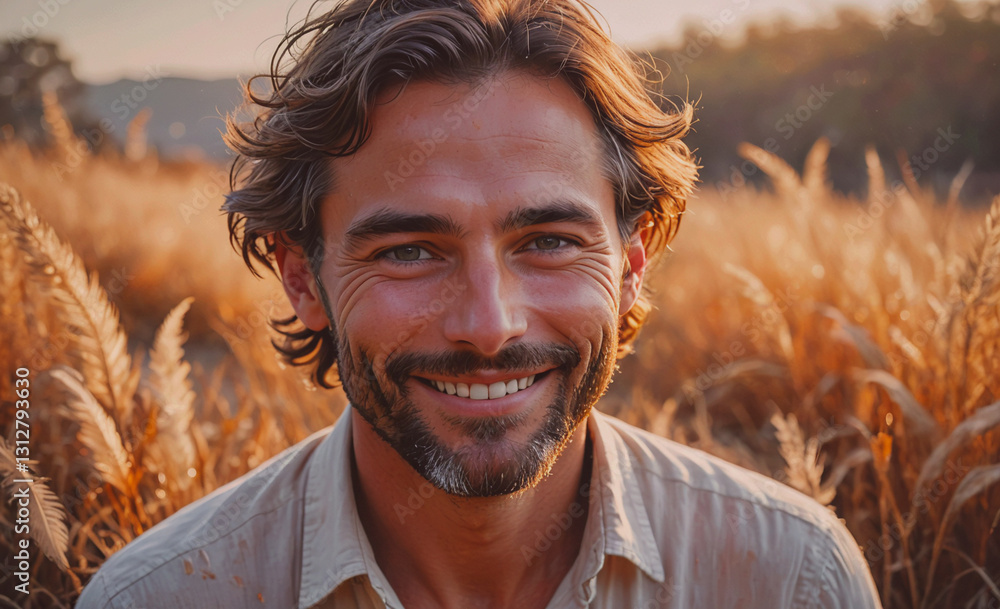 Poster man with a beard and a smile is standing in a field of tall grass. he is wearing a white shirt and h