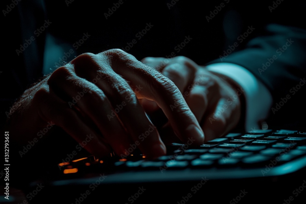 Poster hands engaged in typing on a keyboard in a dimly lit environment during evening hours