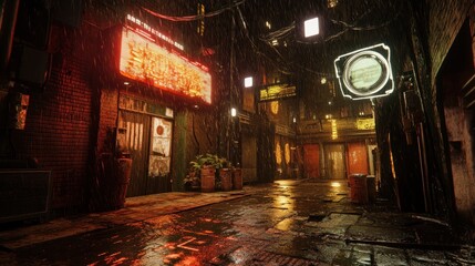 Fototapeta premium Rainy Night in Neon Alley: A Cyberpunk Cityscape