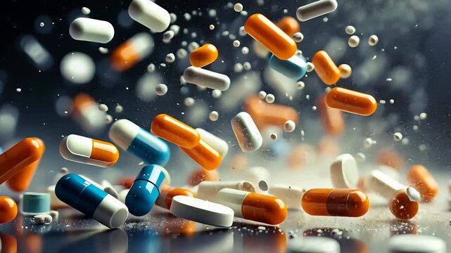 Floating colorful pharmaceutical pills and capsules in a dynamic medical concept
